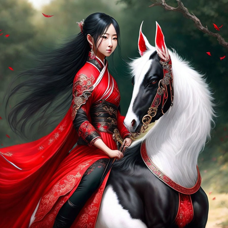 Traditional Red Asian Attire Woman with Black Hair and White Horse in Red Leaves