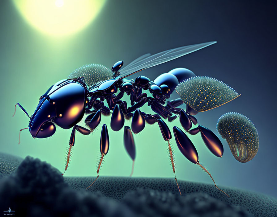 Stylized metallic blue bee with detailed textures on soft-focus background