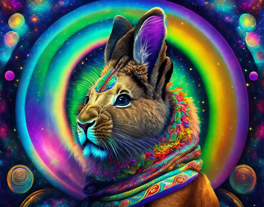 Colorful Psychedelic Rabbit Illustration with Cosmic Background