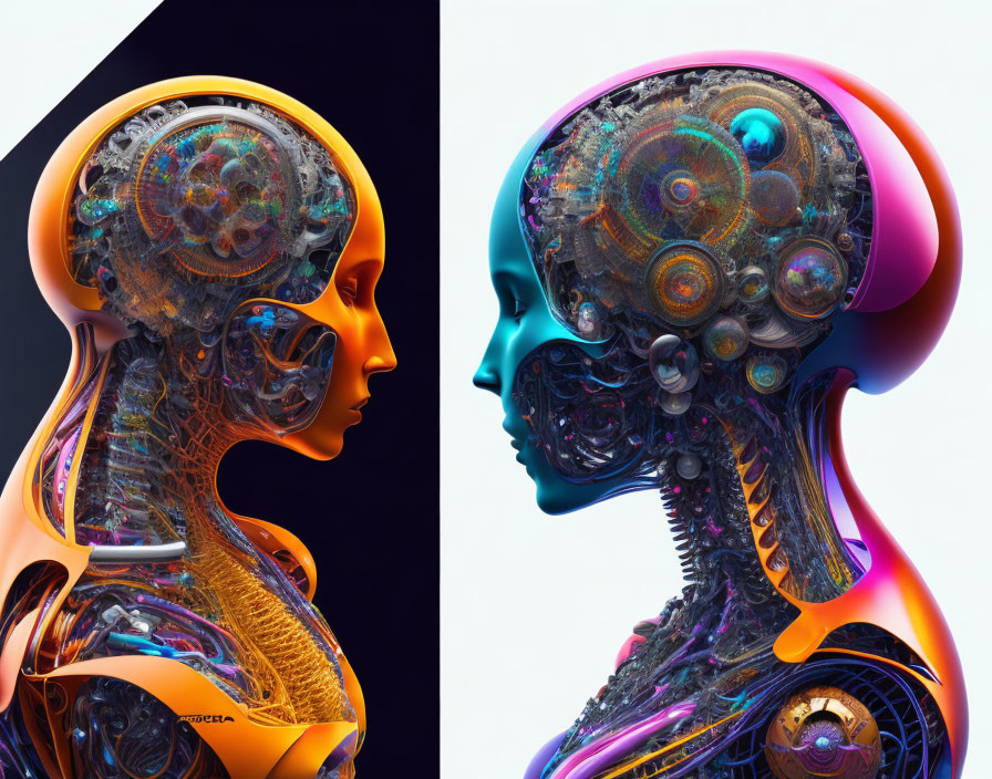 Stylized robotic heads with intricate mechanical brains and colorful gears.