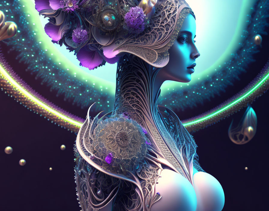 Profile view digital artwork of woman with ornate headdress against cosmic backdrop.