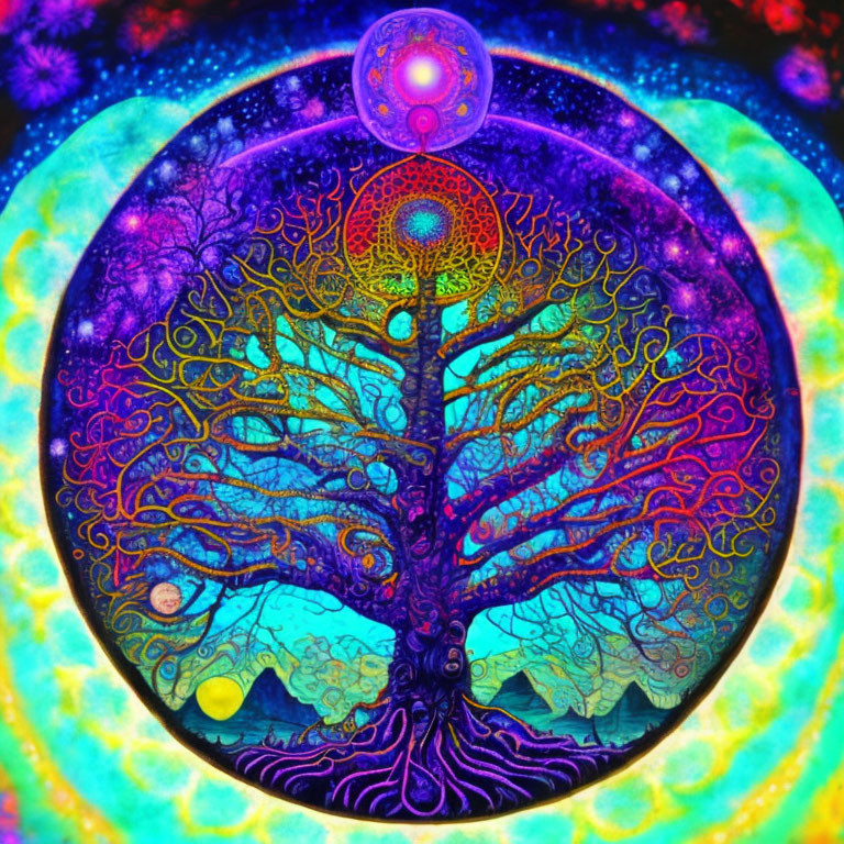 Colorful Psychedelic Tree Art Against Cosmic Background