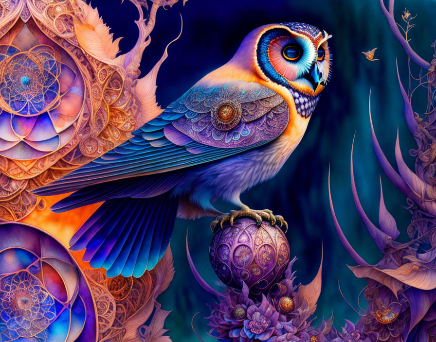 Colorful Stylized Owl Artwork with Ornate Patterns and Fantastical Flora