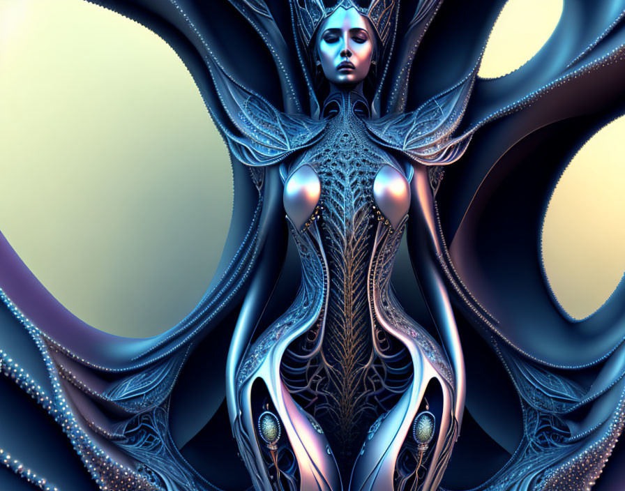 Futuristic digital artwork of female figure with blue and metallic textures