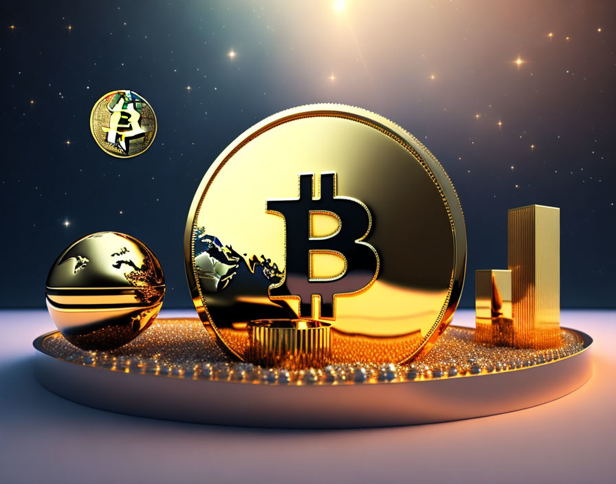 3D illustration of Bitcoin symbol, gold coins, and bars in night sky