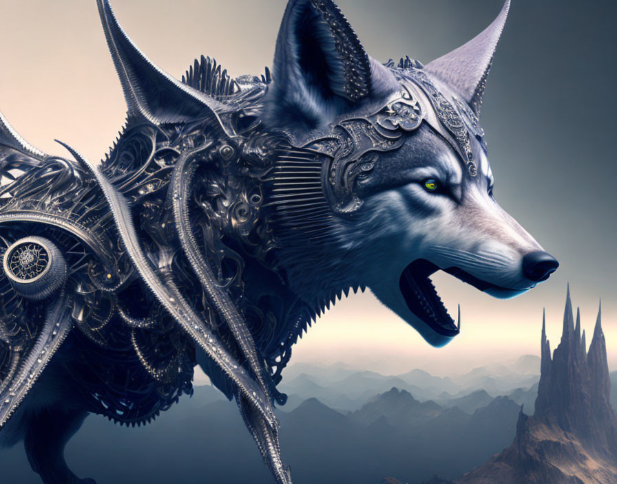 Fantasy wolf art: metallic armor and helmet, mountain backdrop, blue sky