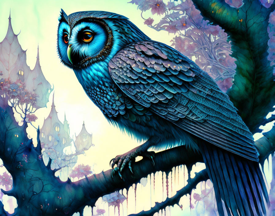 Colorful Stylized Owl Perched on Branch with Whimsical Treehouses Background