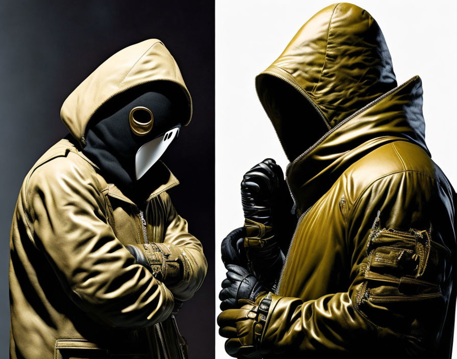 Futuristic gold and black outfit with hood, mask, and gloves against dark background