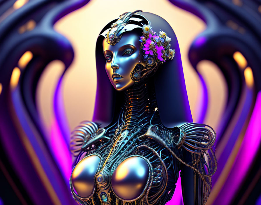 Female android in black and gold armor with cybernetic details and purple flowers, set in abstract background