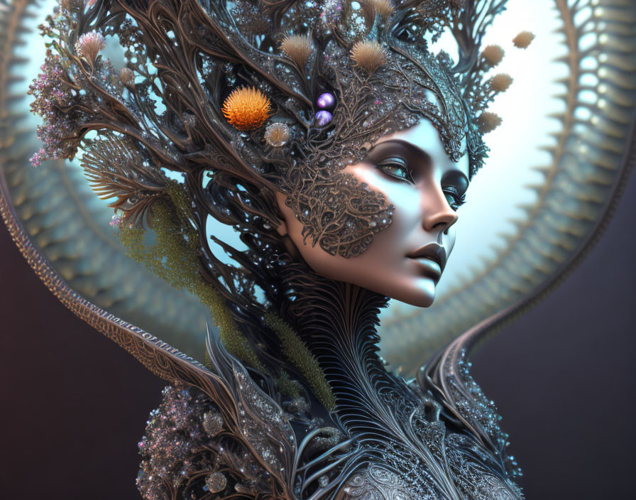 Digital artwork featuring woman with ornate metallic and floral headgear and intricate skin patterns