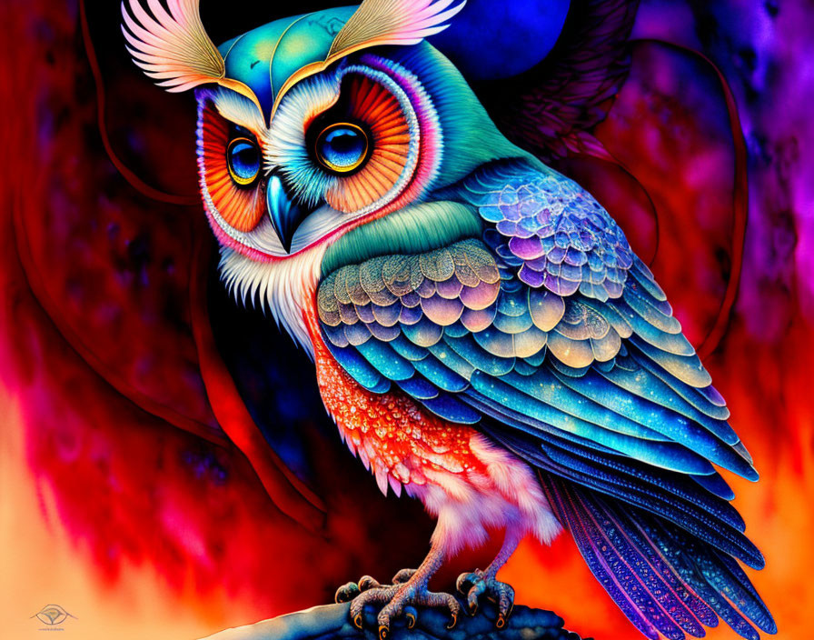 Colorful Owl Illustration with Blue and Orange Feathers on Red and Purple Background