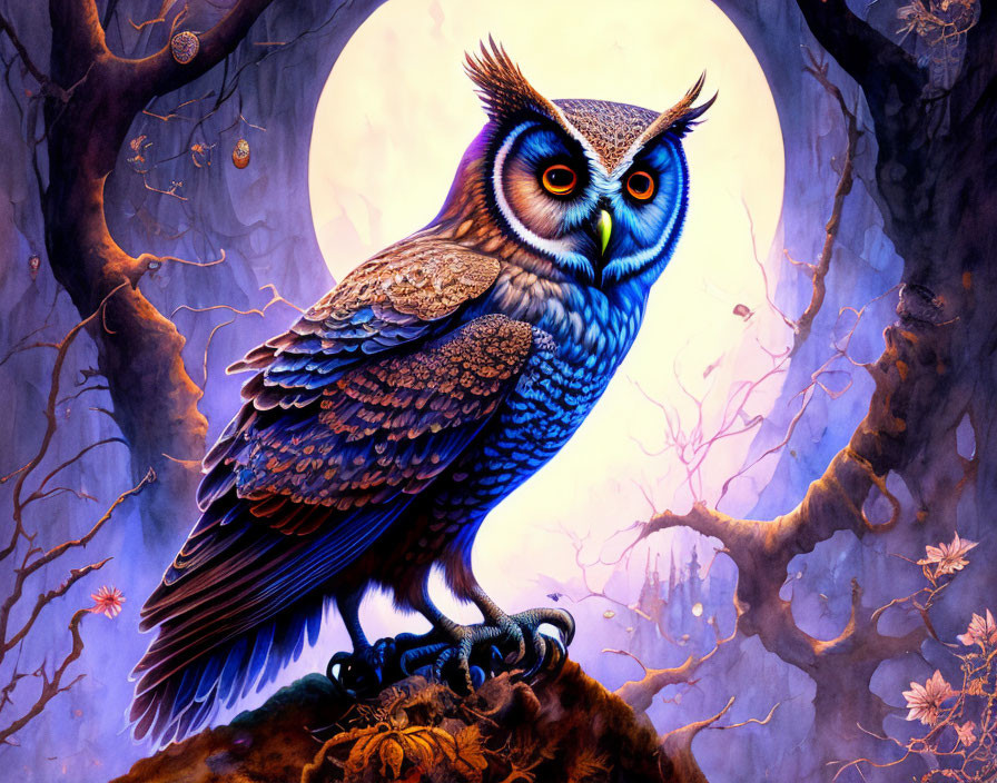 Colorful owl on roots in mystical forest with full moon