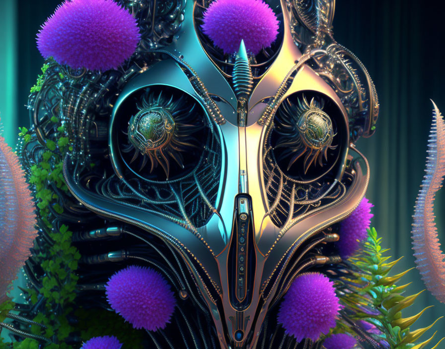 Intricate surreal digital artwork: metallic structures with eye motifs and vivid purple florals.