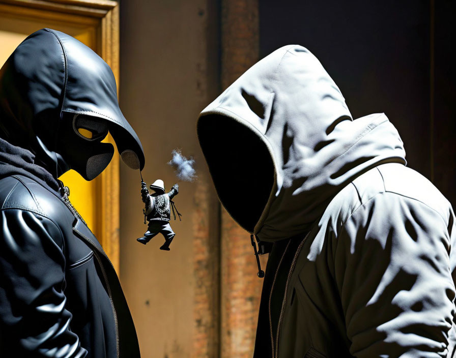 Hooded figures confront each other with astronaut toy in street scene