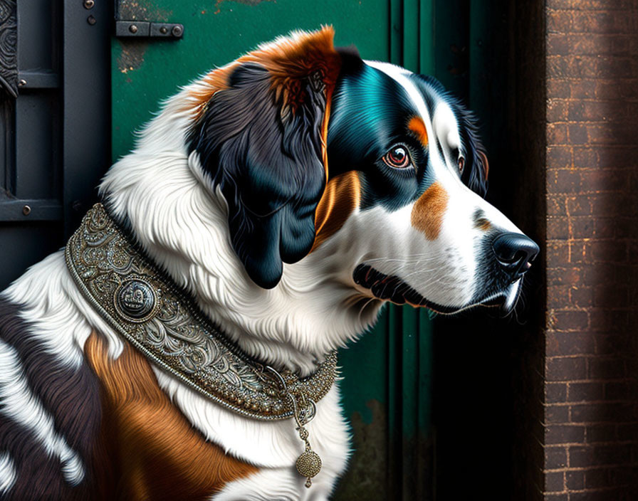 Tricolor dog portrait with ornate collar on green door background