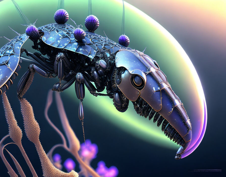 Detailed Digital Artwork: Mechanical Insect on Multicolored Background