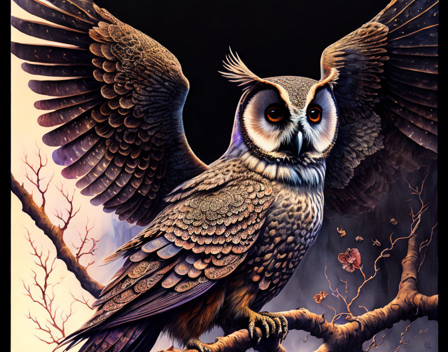 Detailed Owl Illustration in Mid-Flight with Spread Wings on Leafless Tree Branch