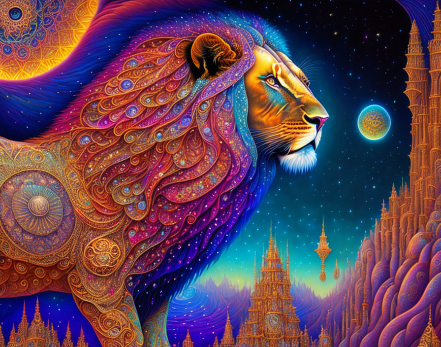 Colorful Lion Artwork with Intricate Patterns on Fantasy Background