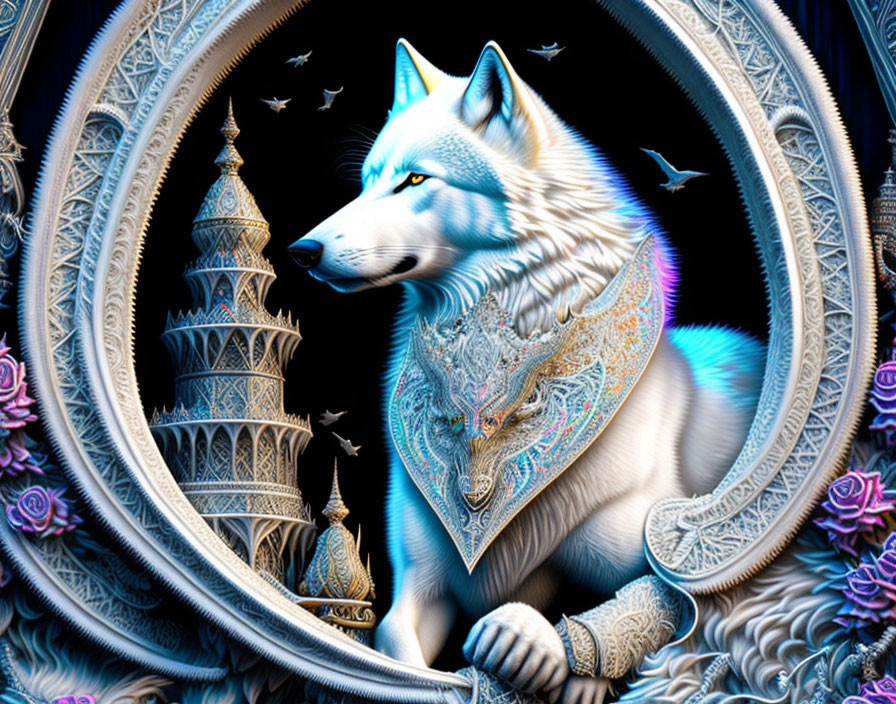 White wolf in ornate armor framed by floral designs and castle motif.