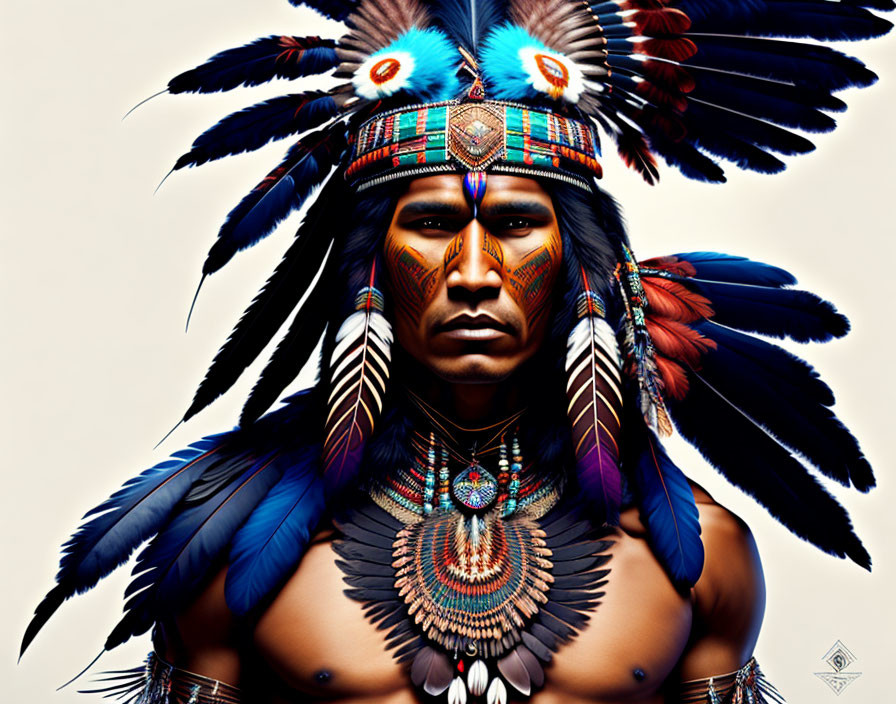 Digital portrait of person with vibrant Native American headdress