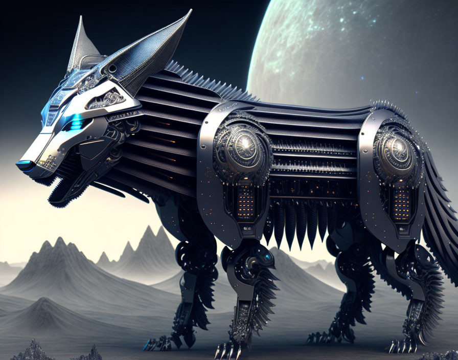 Detailed mechanical wolf on barren landscape with mountains and large moon.