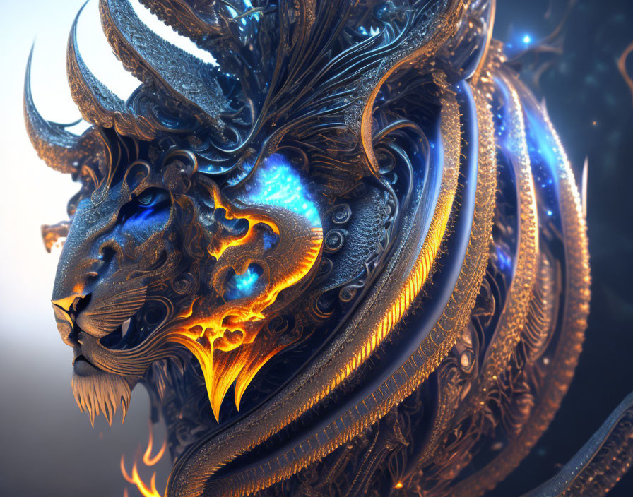 Fantasy art of lion with ornate metallic armor, blue patterns, and fiery mane