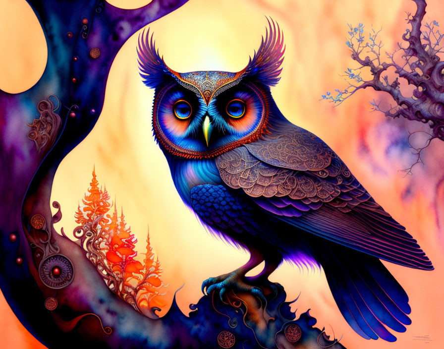 Colorful Stylized Owl on Psychedelic Background with Trees and Patterns