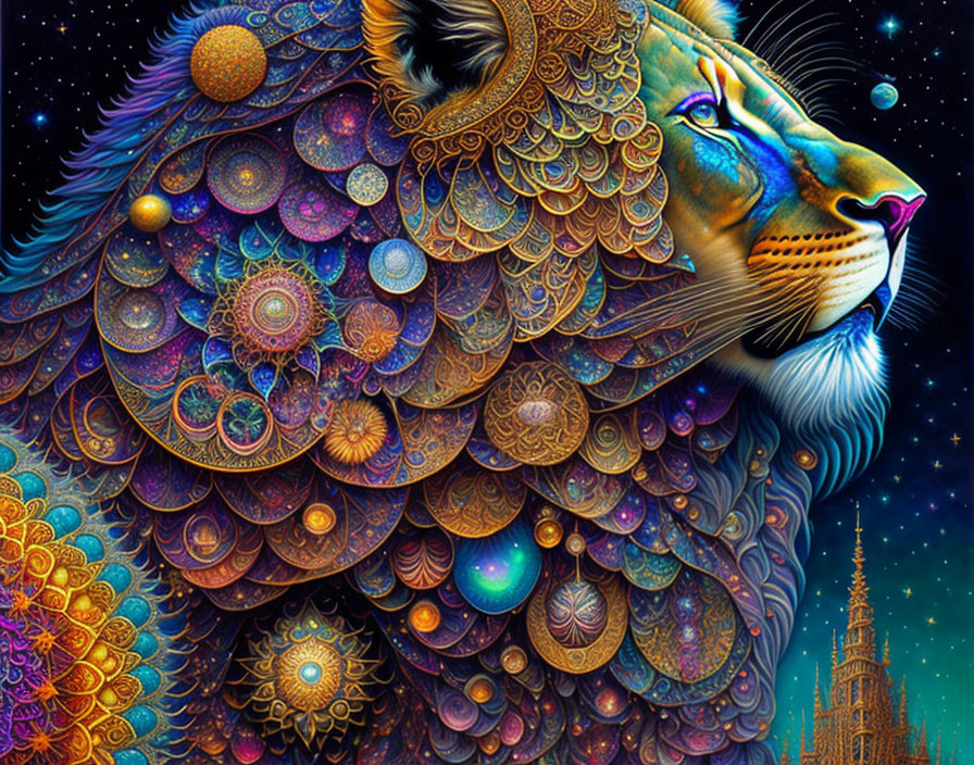 Colorful Illustration of Majestic Lion with Cosmic Elements and Gothic Building Integration