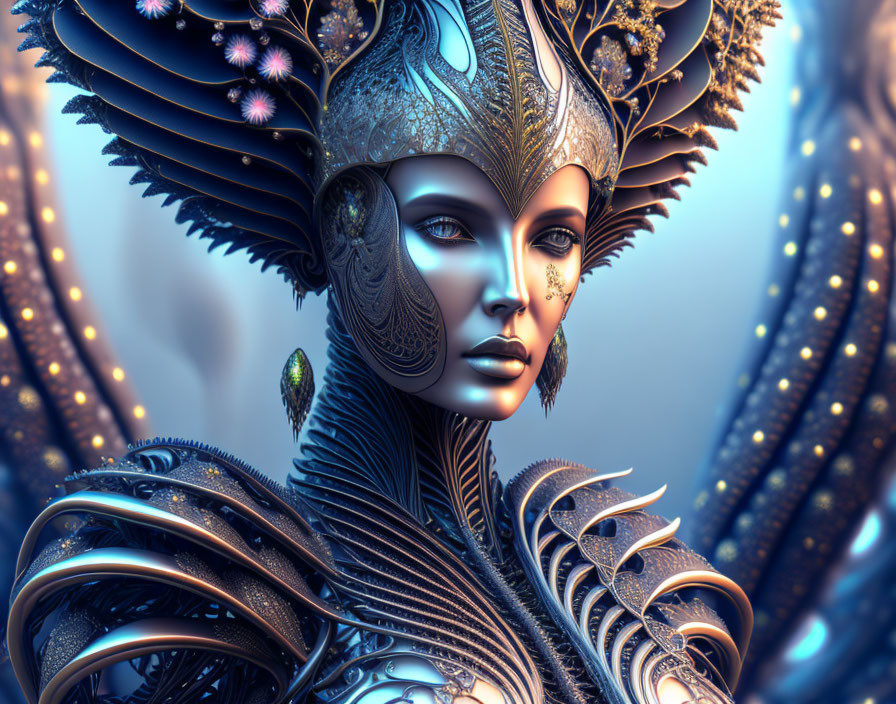 Digital artwork: Female figure in metallic headgear and armor against swirling backdrop