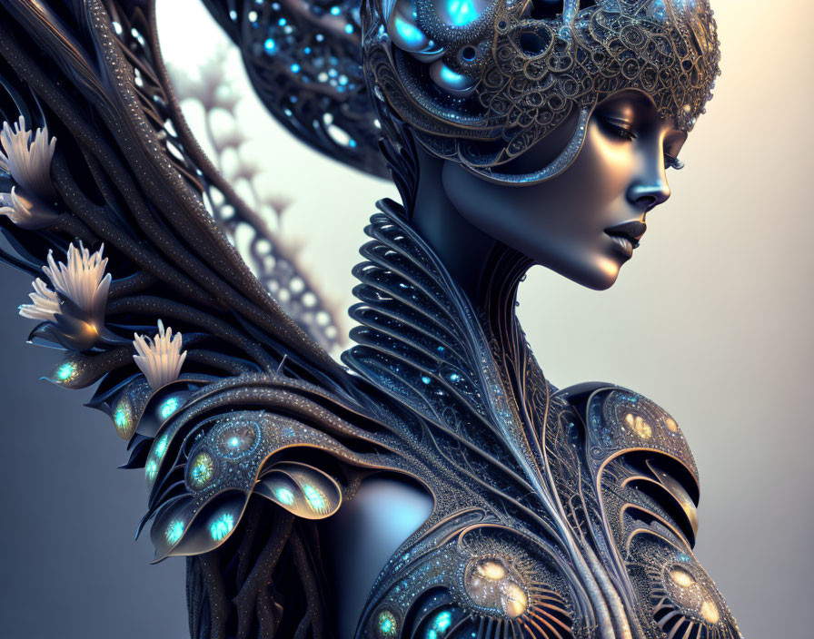 Intricate 3D-rendered female figure in metallic armor with glowing blue patterns