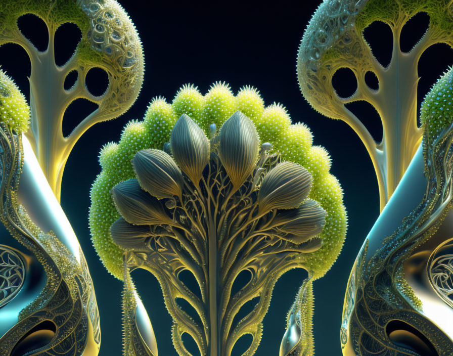 Detailed 3D fractal of ornate alien trees with bulbous crowns