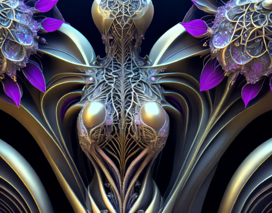 Fractal image with organic and metallic elements, intricate patterns, golden hues, purple floral accents