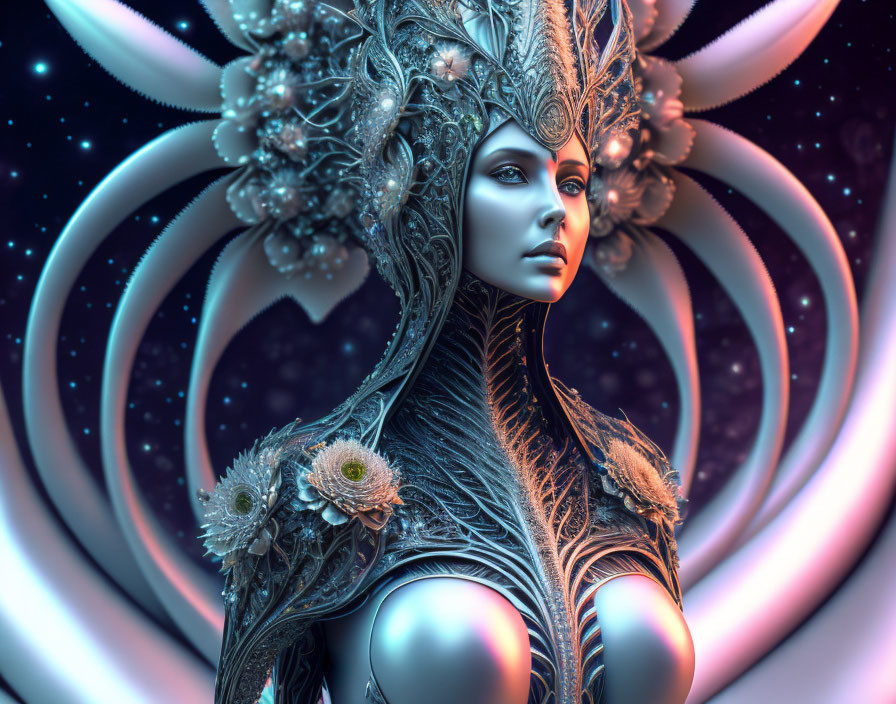 Surreal portrait of woman with elaborate headdress and cosmic backdrop