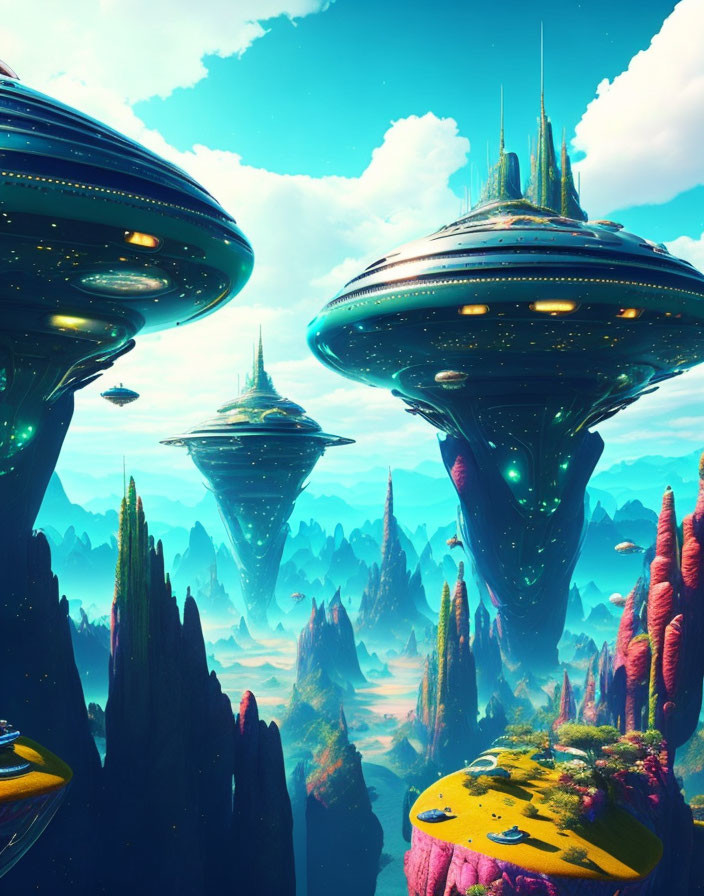 Colossal floating cities in vibrant sci-fi landscape