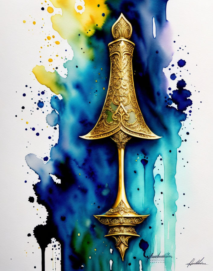 Intricate Golden Dagger on Vibrant Watercolor Background