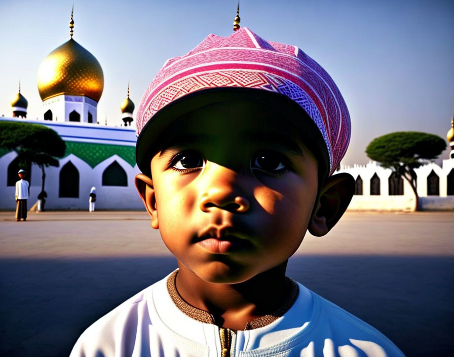 Young child in pink skullcap at mosque with golden domes