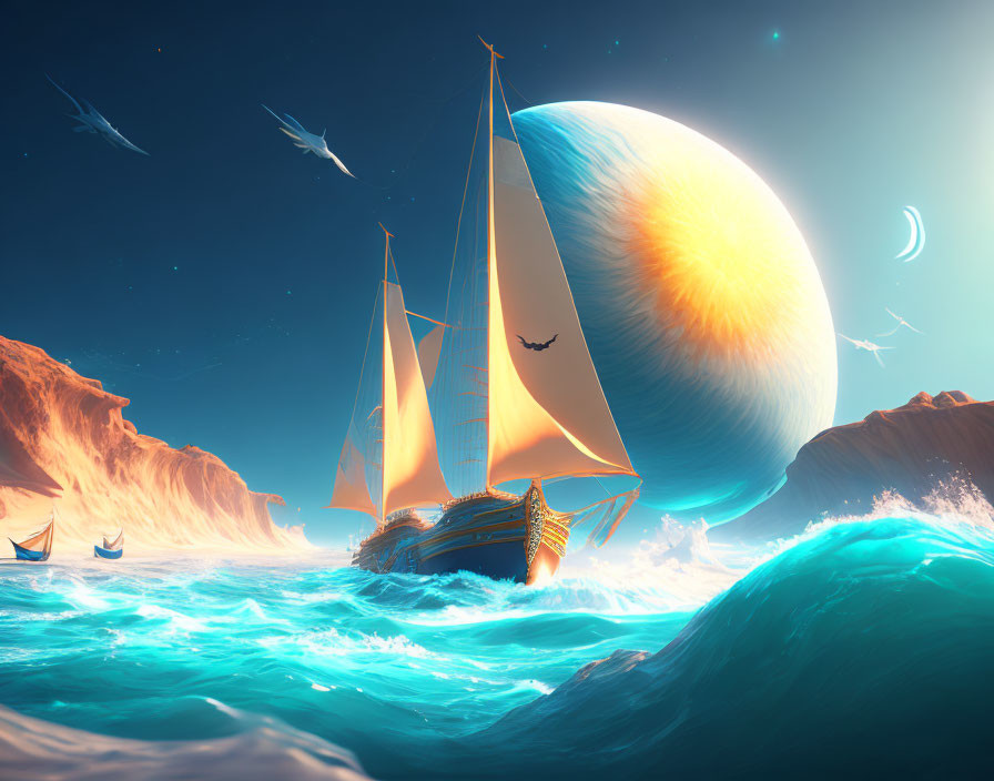 Fantasy art: Sailing ships in glowing blue waters