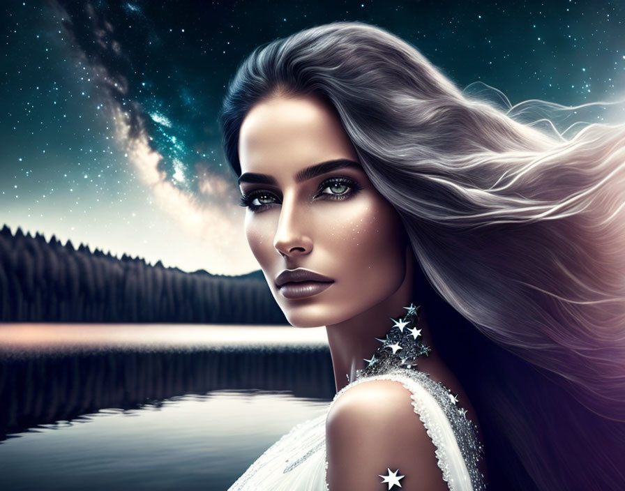 Woman's portrait with long hair, starry accessories by serene lake under Milky Way