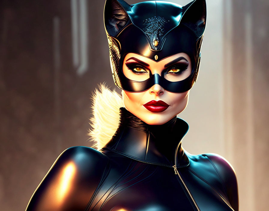 Stylized woman in glossy black costume with cat-themed mask and ears