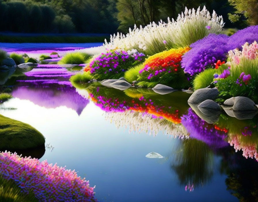 Tranquil river with colorful flowers, lush greenery, and smooth stones