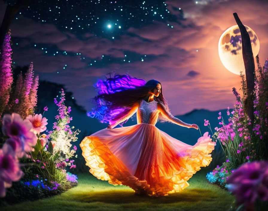 Woman dancing in orange and yellow gown in fantasy garden under starry sky