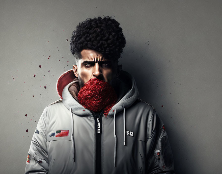 Man with Voluminous Afro Wearing Red Knitted Muzzle Mask on Grey Background