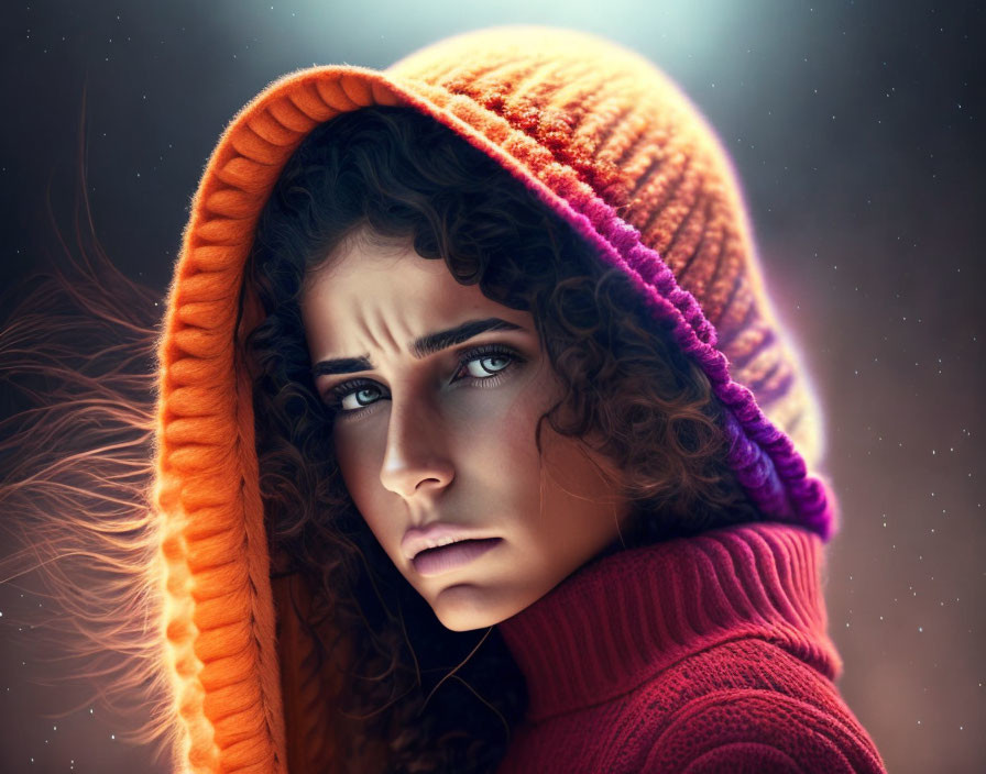 Portrait of person with curly hair in red sweater and colorful hooded garment, with sad expression and bo