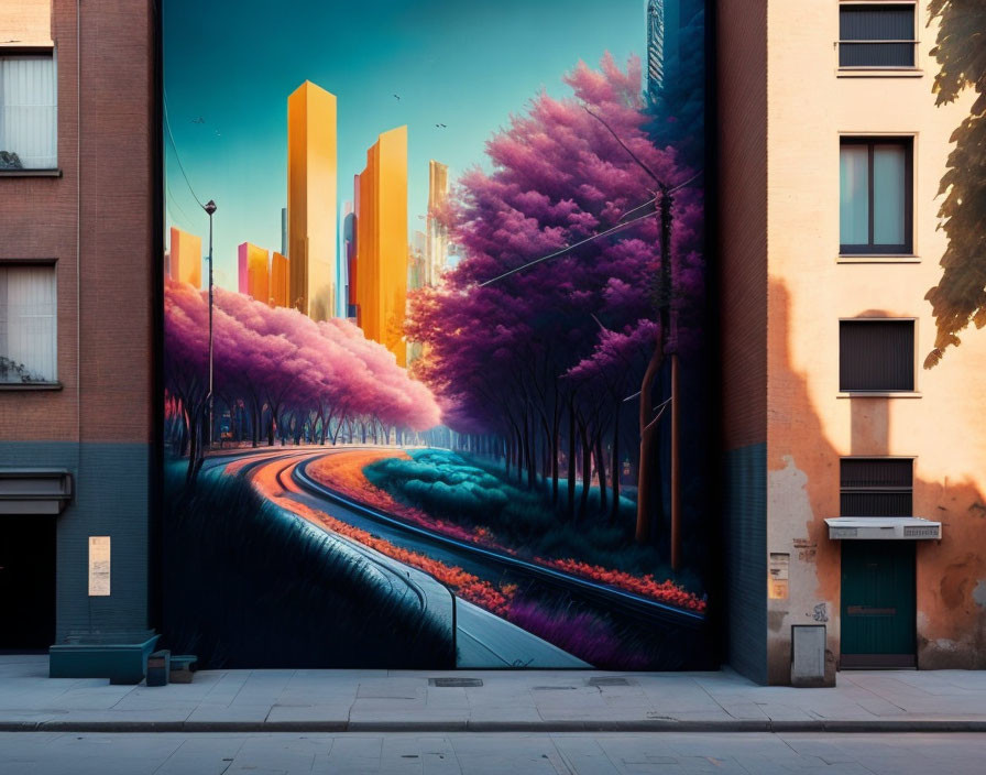 Colorful street mural: surreal landscape with forest and cityscape