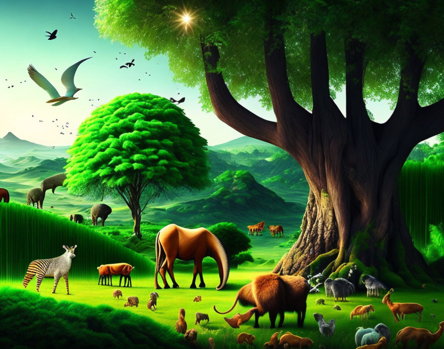 Lively green landscape with diverse animals under a tree