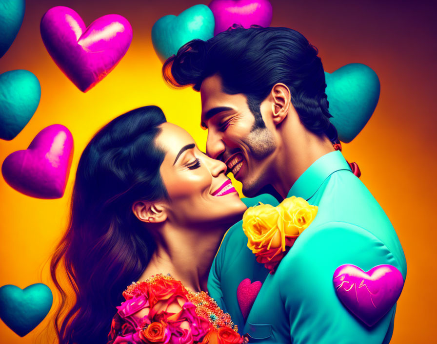 Colorful Portrait of Smiling Couple with Floating Hearts