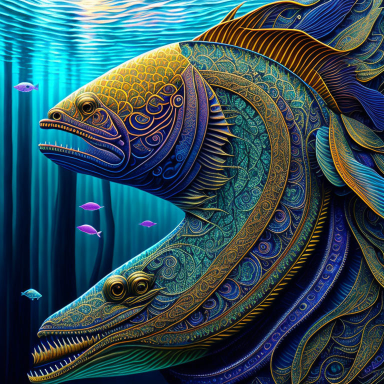 Colorful Stylized Fish Artwork with Ocean Background