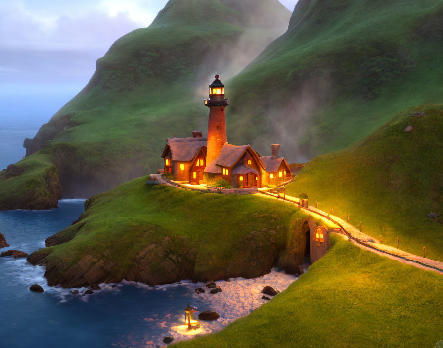 Tranquil evening scene: lit lighthouse on lush green hills by the sea