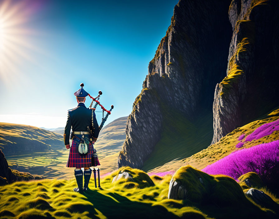 Traditional Scottish bagpiper in green hills with purple flowers and sun rays