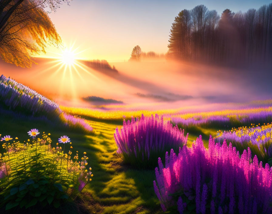 Vibrant sunrise over misty flower field with colorful blooms